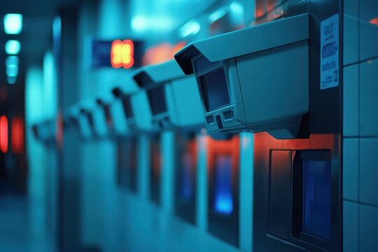 control monitors lining the wall of a metropolitan transit system, emphasizing urban security and public infrastructure.