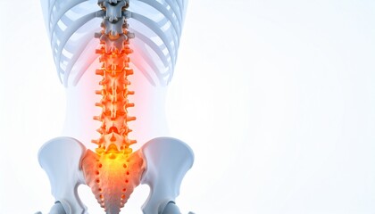 3D medical illustration of human spine with glowing red lumbar section on white background, clear clinical design for health, orthopedic, and pain relief product ads.