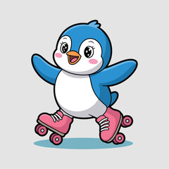 Cartoon penguin character roller skating illustration, cute animal mascot vector design, funny bird artwork, children’s sport activity concept, playful ice penguin graphic element.