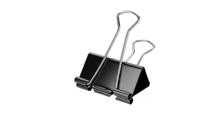 Two black metal binder clips, angled, isolated on white background.