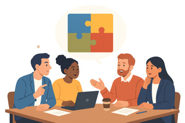Business professionals collaborating, solving puzzle challenge, thought bubble with interconnected pieces floating above conference table, transparent setting