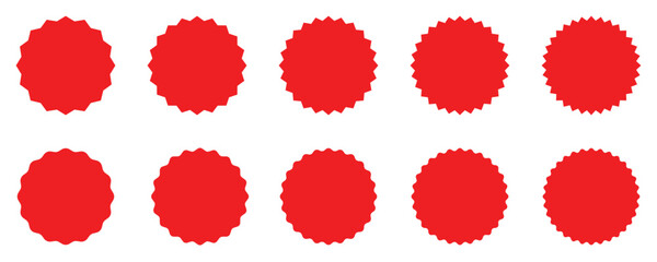 Red Starburst Sticker Set – Price Tags, Sale Labels, Discount Badges, Sunburst Circle Shapes Vector