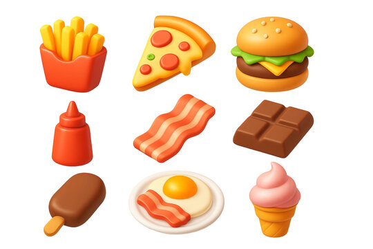 Fast food icons featuring french fries, pizza, hamburger, ketchup, bacon, chocolate bar, ice cream, fried egg against transparent background
