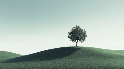 A lone tree stands on a grassy hill with a clear blue sky in the background.