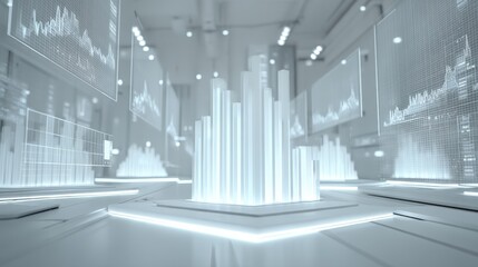 Futuristic AI Trading Visualization With 3D Holographic Bar Charts And Glowing Digital Panels