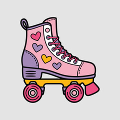Colorful roller skate boot cartoon illustration, cute heart decoration design, retro lifestyle sport vector, trendy children footwear artwork, fun skating graphic element.