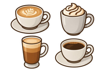 Coffee cups featuring latte, cappuccino, macchiato, and espresso arranged against transparent backdrop, displaying classic cafe drinks
