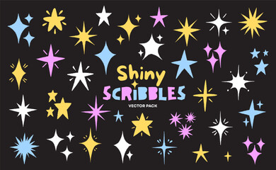 Crayon star illustrations with pastel chalk texture and brush lines. Hand drawn colorful shapes bring a playful sparkle for school projects