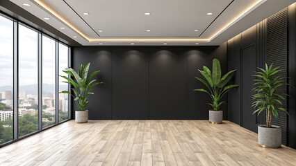 Style featuring a modern kitchen room setting. The layout includes a light wooden floor and a large.