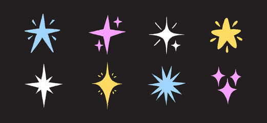Hand drawn star doodles in crayon style with pastel texture. Cute star shapes in chalk colors create playful sketch elements for school projects
