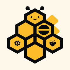 Fototapeta premium Organic Honey Packaging Vector with Hexagonal Honeycomb Pattern, Cute Bee Illustration, Golden Yellow and Black Elegant Typography on White Background