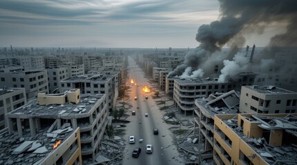 Damaged city street with smoke and rubble after conflict