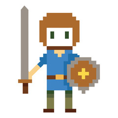 Obraz premium 8-Bit Pixel-Art Adventurer Vector Character with Sword and Shield, Retro Game Style