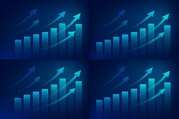 Four blue bar graphs showing upward financial growth and progress