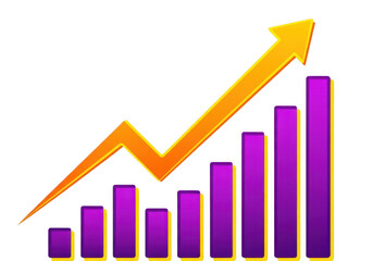 Upward trending business growth chart with golden arrow and purple bars representing success transparent background