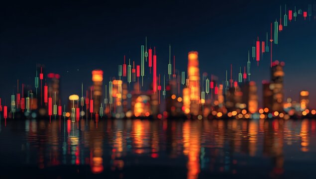 Blurry cityscape at night with financial data overlay