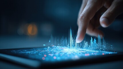 Tech Interface Exploration: A detailed shot showcases a hand interacting with a cutting-edge digital interface, creating a visually striking exploration of data.