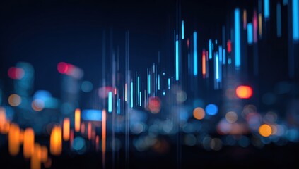 Abstract financial data overlaid on a blurred cityscape at night