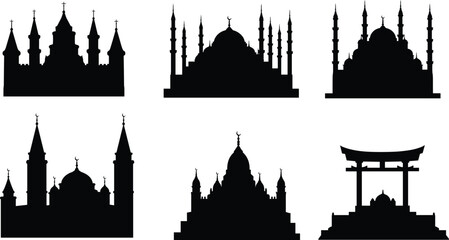 Naklejka premium Religious buildings and monuments vector illustration, mosque, church, temple, cathedral, cultural architecture, heritage landmarks, faith and worship design