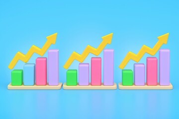 Three colorful 3d bar charts with upward trending yellow arrows against a blue background