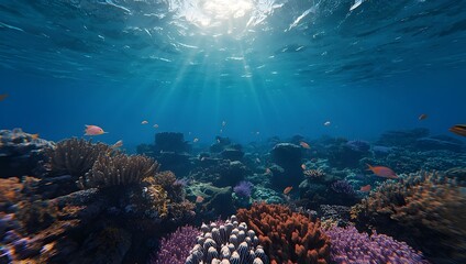 Underwater Coral Reef with Tropical Fish and Sunlight Rays