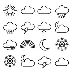 Fototapeta premium Weather icons set featuring sun, clouds, rain, rainbow, moon, snowflake, wind, star, thunder, and storm in outline style