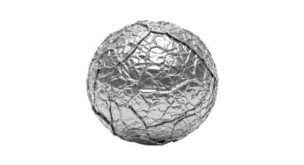 A crumpled sphere of metallic foil, resembling a cracked globe or abstract sculpture.