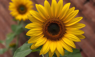Sunflower close up with blurred brick wall background