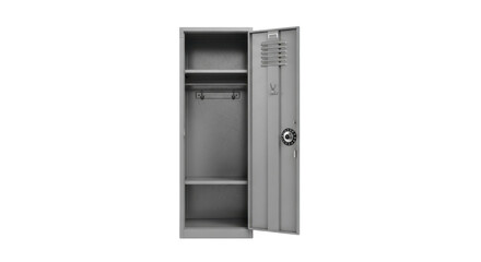 A single, gray metal locker stands open, revealing empty shelves and a clothes hook.