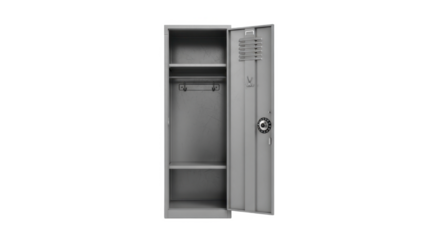 A single, gray metal locker stands open, revealing empty shelves and a clothes hook.
