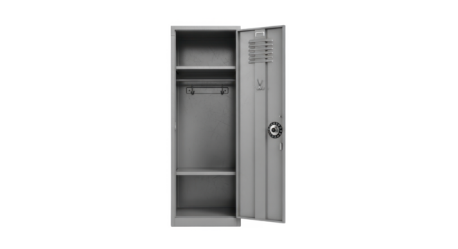 A single, gray metal locker stands open, revealing empty shelves and a clothes hook.
