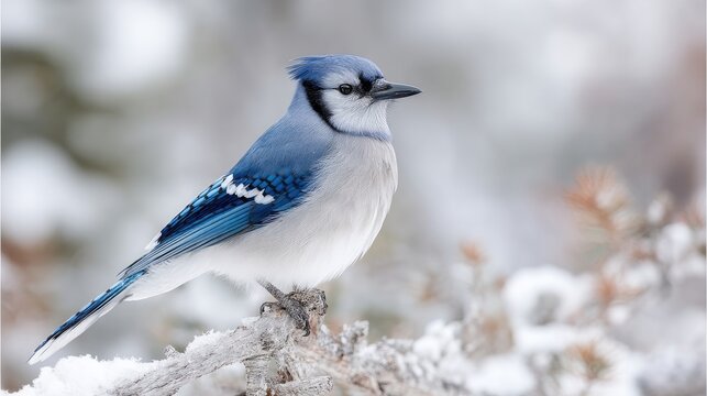 Close-up of Blue Jay in Snowy Winter Landscape