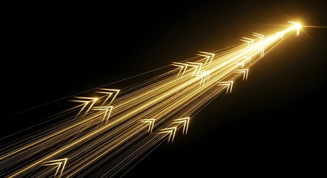 Golden arrows streak upwards signifying growth, success, and forward momentum