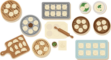 Delicious steamed and fried dumplings assortment, traditional Asian dim sum dishes, wooden and metal steamers, dumpling making process with rolling pin, fresh homemade dumplings on trays