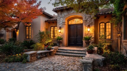 Luxury home exterior with stone facade, tiled roof, and autumn foliage. Use for real estate, architecture, or upscale lifestyle concepts.