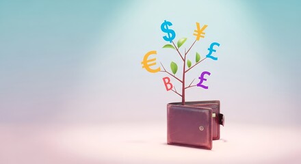 Grow your wealth with diverse currency symbols sprouting from your wallet
