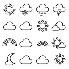 Fototapeta premium Weather icons, showcasing diverse conditions like sun, clouds, rain, rainbows, moon, and snowflakes in a clean outline style