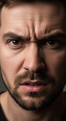 Fototapeta premium Intense close-up of a man showing frustration and anger against a blurred dark background
