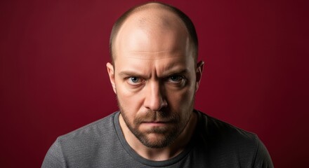 Obraz premium Intense portrait of a man with a serious expression against a deep red background, showcasing emotion