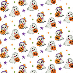 Funny Ghosts with Pumpkins Halloween Seamless Pattern