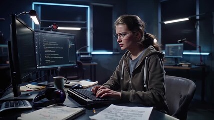 Young woman typing code on PC in dark tech office environment - Powered by Adobe