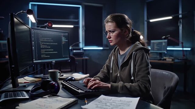 Young woman typing code on PC in dark tech office environment