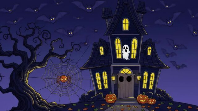 Spooky Halloween Night: Haunted House, Bats, Pumpkins, and Spider