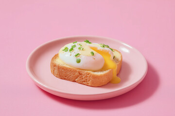 Minimalist food photograph poached egg on small pastel plate breakfast