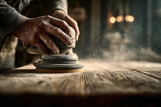 Skilled hands sanding wood in a workshop