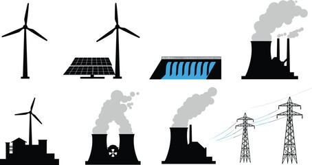 Renewable and non-renewable energy vector illustration set, wind turbines, solar panels, hydroelectric dam, power plant, nuclear, electricity design