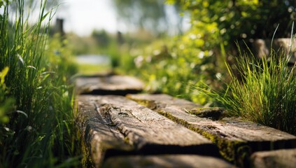 Fototapeta premium Rustic wooden bench in a grassy area