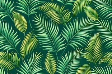 Seamless pattern of tropical palm leaves on a green background