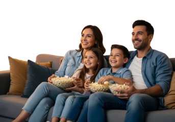 A Happy Family Enjoys Watching a Movie Together on a Couch, Eating Popcorn