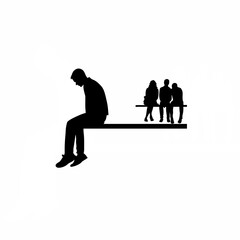 Fototapeta premium Young man sitting alone on bench ignoring friends silhouette isolated on white background